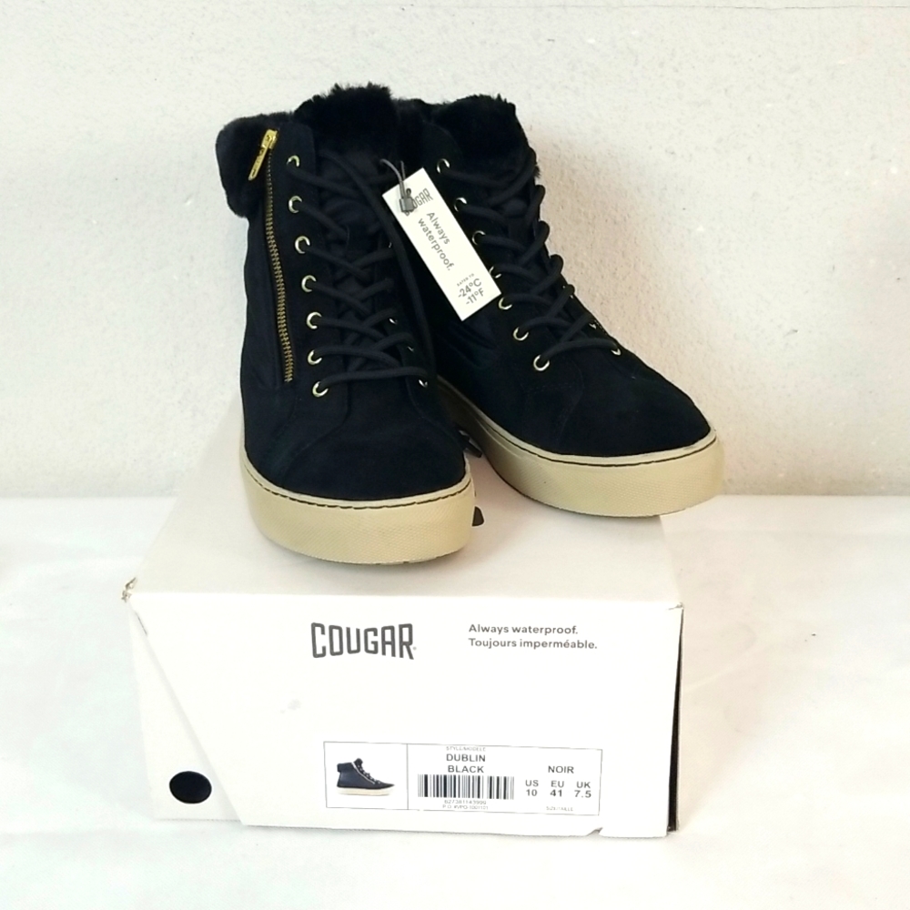Cougar Dublin Black Lace up Faux fur trim women Sneakers Sz 10